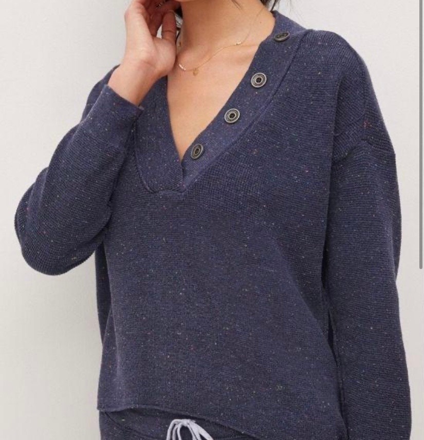 Anthropologie Daily Practice Oversized Button Henley Speckled Navy Sweater S